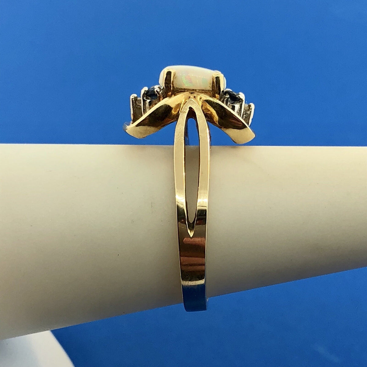 Retro 14K Yellow Gold Diamond Sapphire Opal Modernist Free Form Cocktail Ring