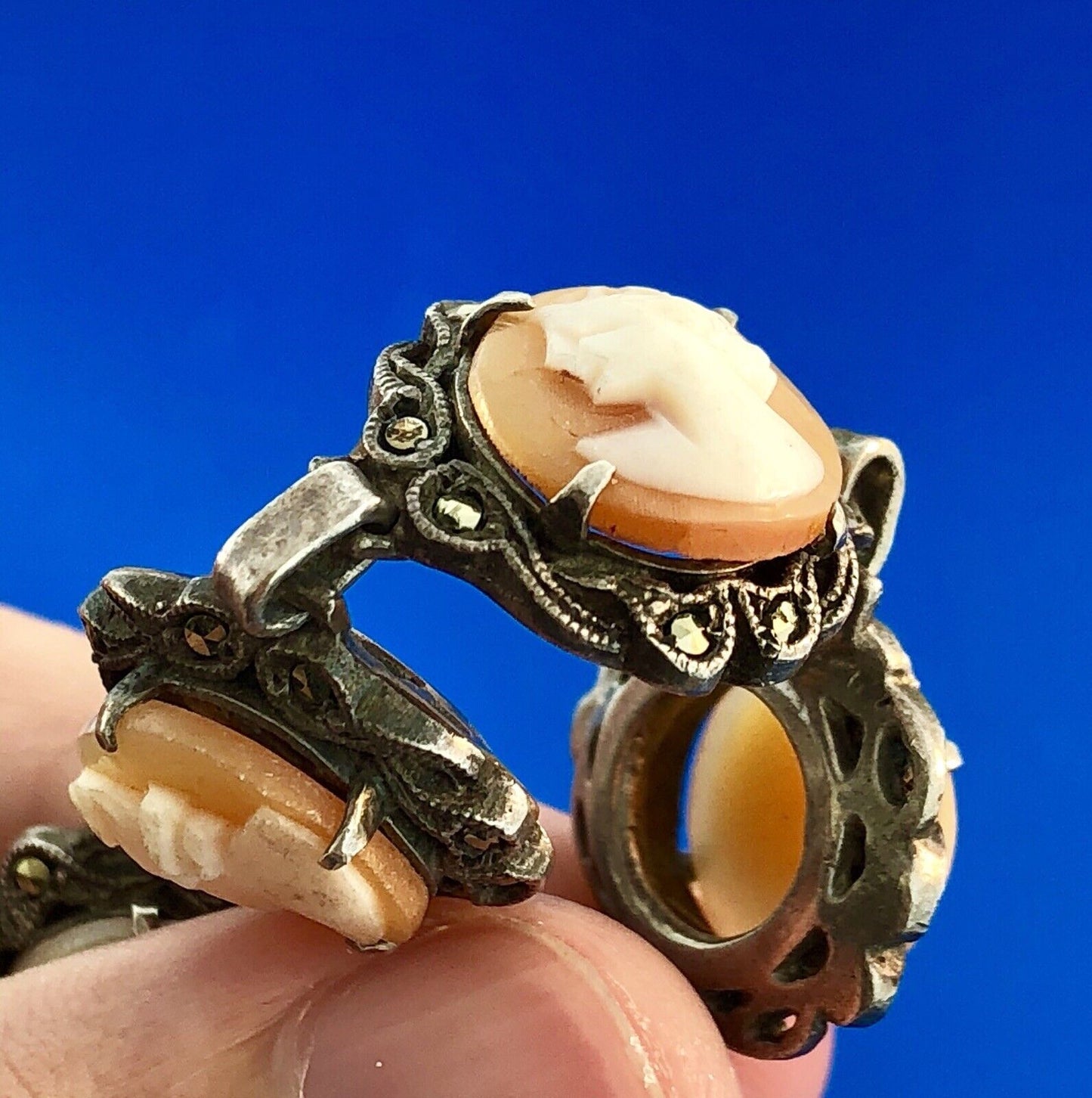 Art Deco Sterling Silver 925 Carved Cameo Marcasite Accented Panel Bracelet