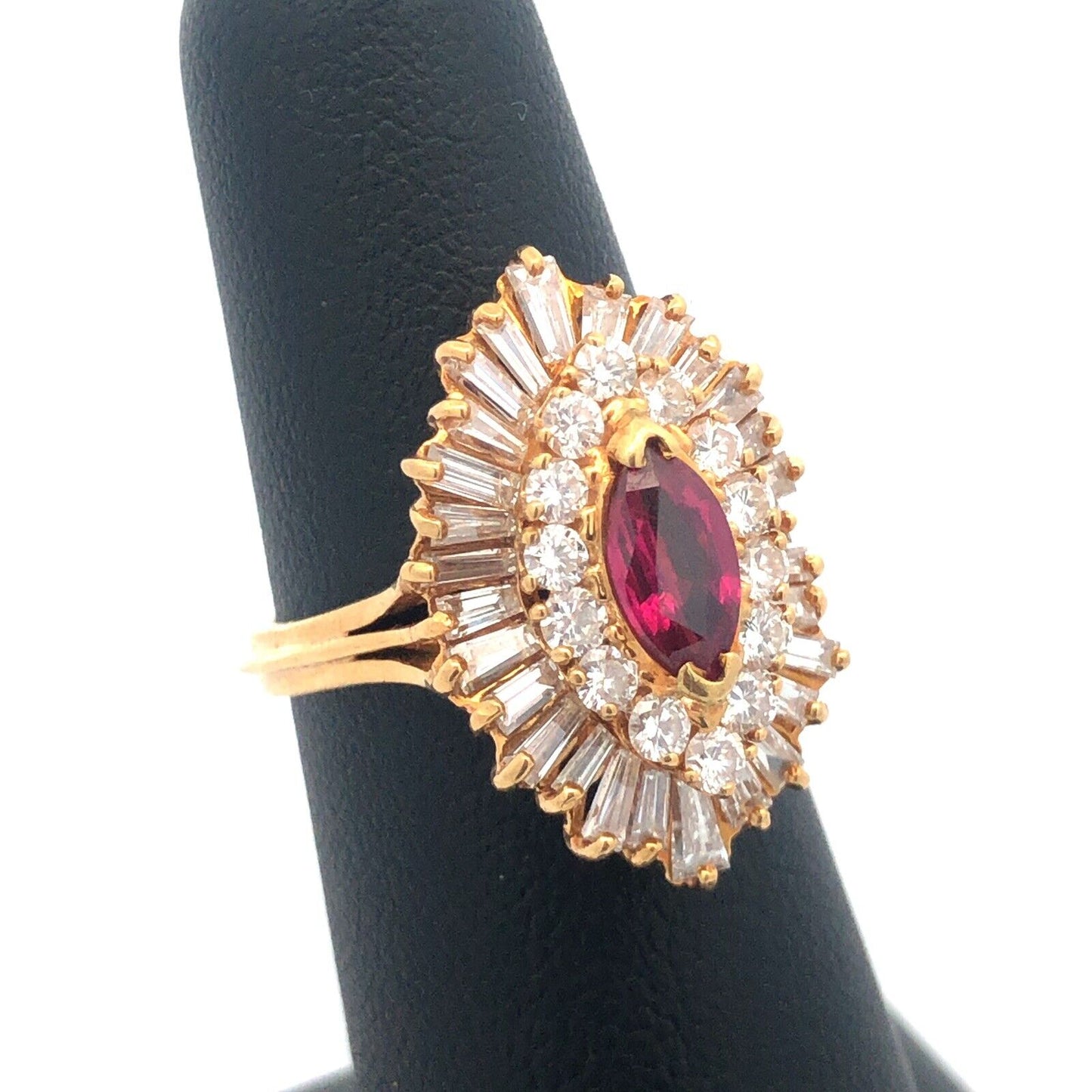 Designer 18K Yellow Gold Marquise Ruby Diamond Double Halo Statement Sz 6.5 Ring