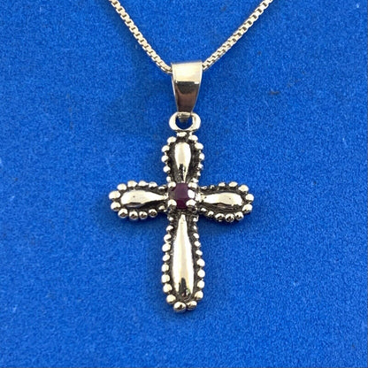 Designer 925 Sterling Silver Ruby Beaded Detail Statement Cross Pendant Necklace