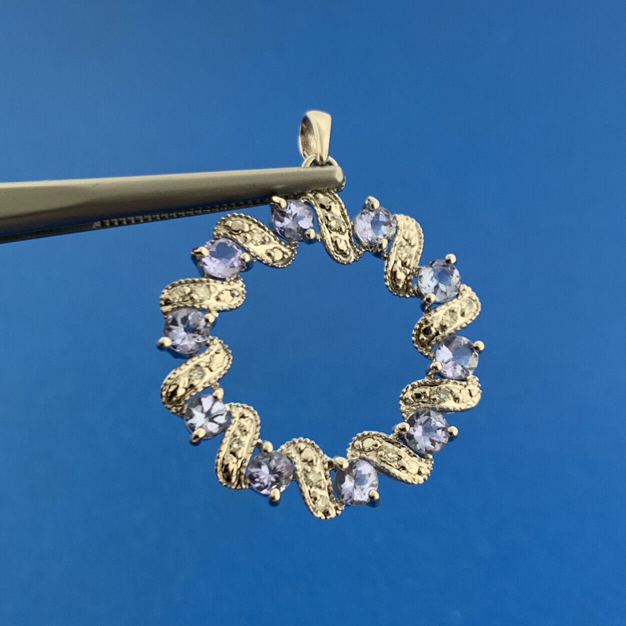 Designer Mexico 14K White Gold Tanzanite Diamond Accented Wreath Pendant