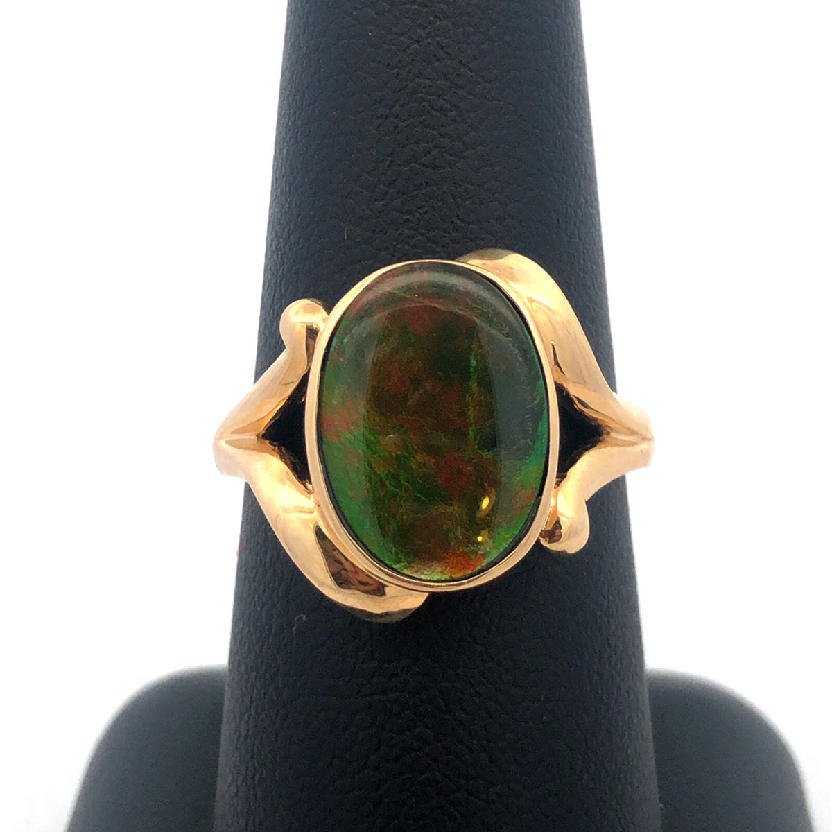 Modernist 14K Yellow Gold Orange Green Opal Oval Doublet Cocktail Ring