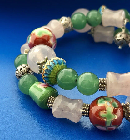 Sterling Silver Green Lavender Jade Ceramic Cloisonne Bead Three Wrap Bracelet