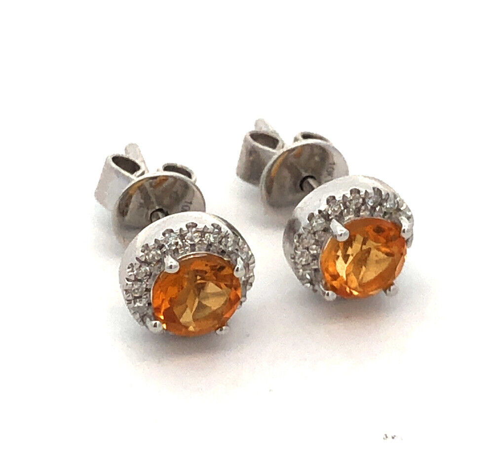 Designer 10K White Gold Round Citrine Diamond Halo Stud Earrings