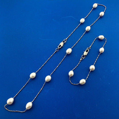 Lovely White Gold-Filled Baroque Oval Pearl Station Bracelet & Necklace Set
