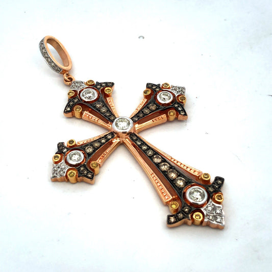 Designer 18K Rose Gold Round White Chocolate Yellow Diamond Large Cross Pendant