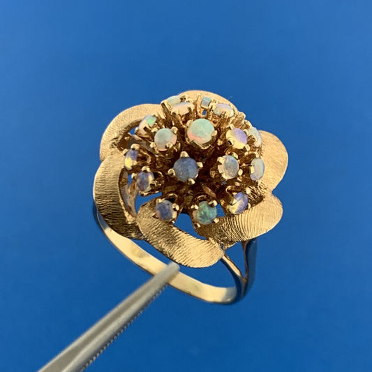 Mid Century 14K Yellow Gold Opal Flower Cluster Ribbon Statement Cocktail Ring