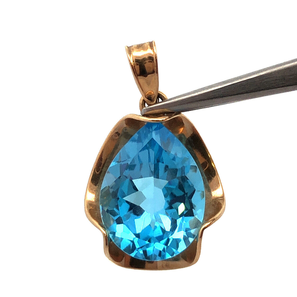 Designer CID 10K Yellow Gold Pear London Blue Topaz Statement Pendant