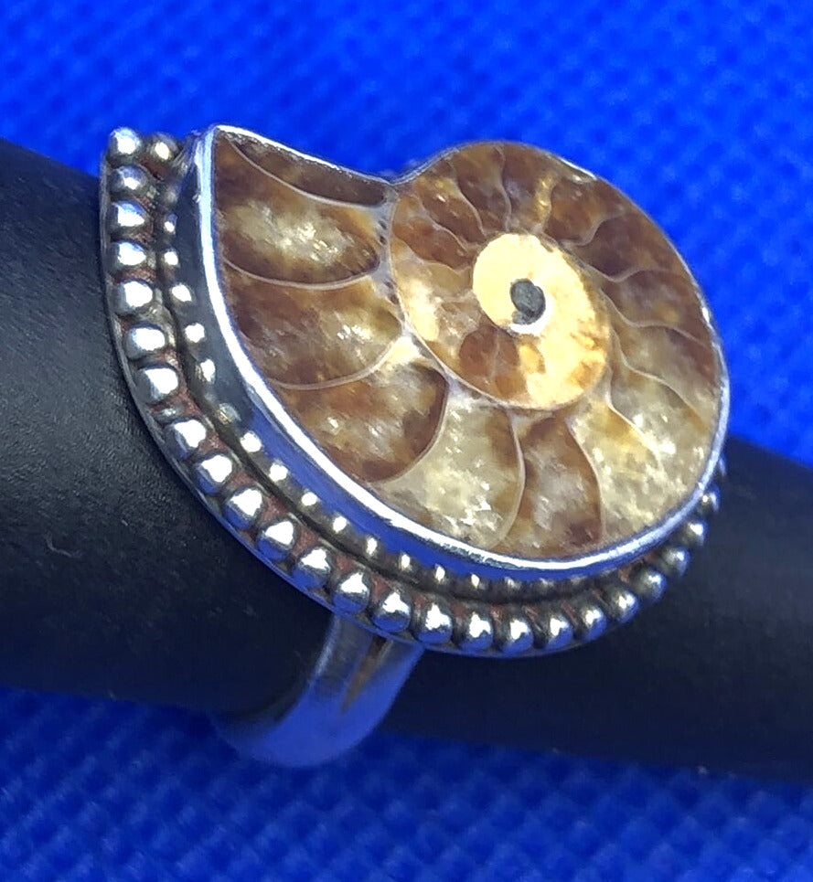 Vintage Ammonite 925 Sterling Silver Shell Fossil Size 5.5 Statement Ring