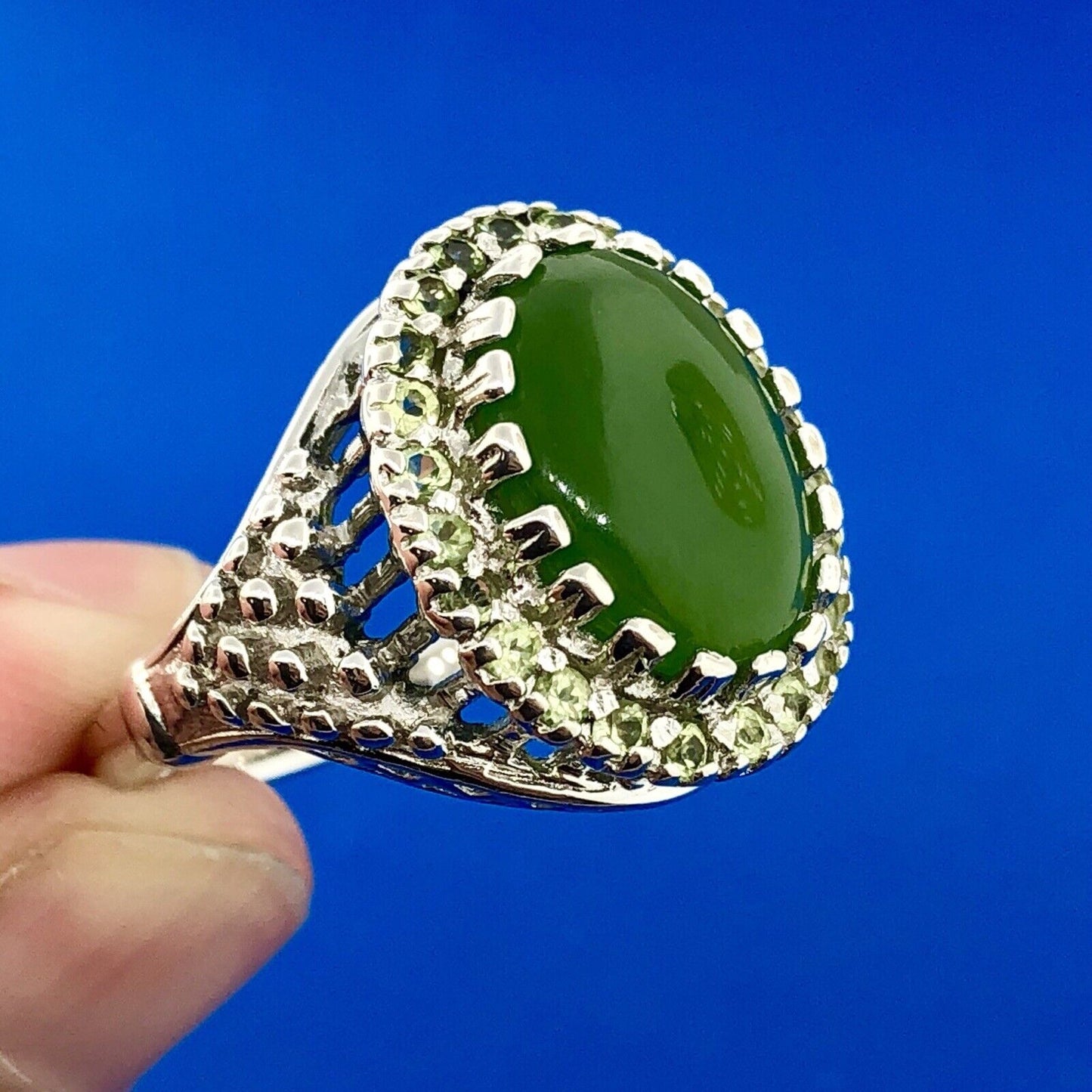 Retro 925 Sterling Silver Jade Jadeite Diamond Empire Statement Cocktail Ring