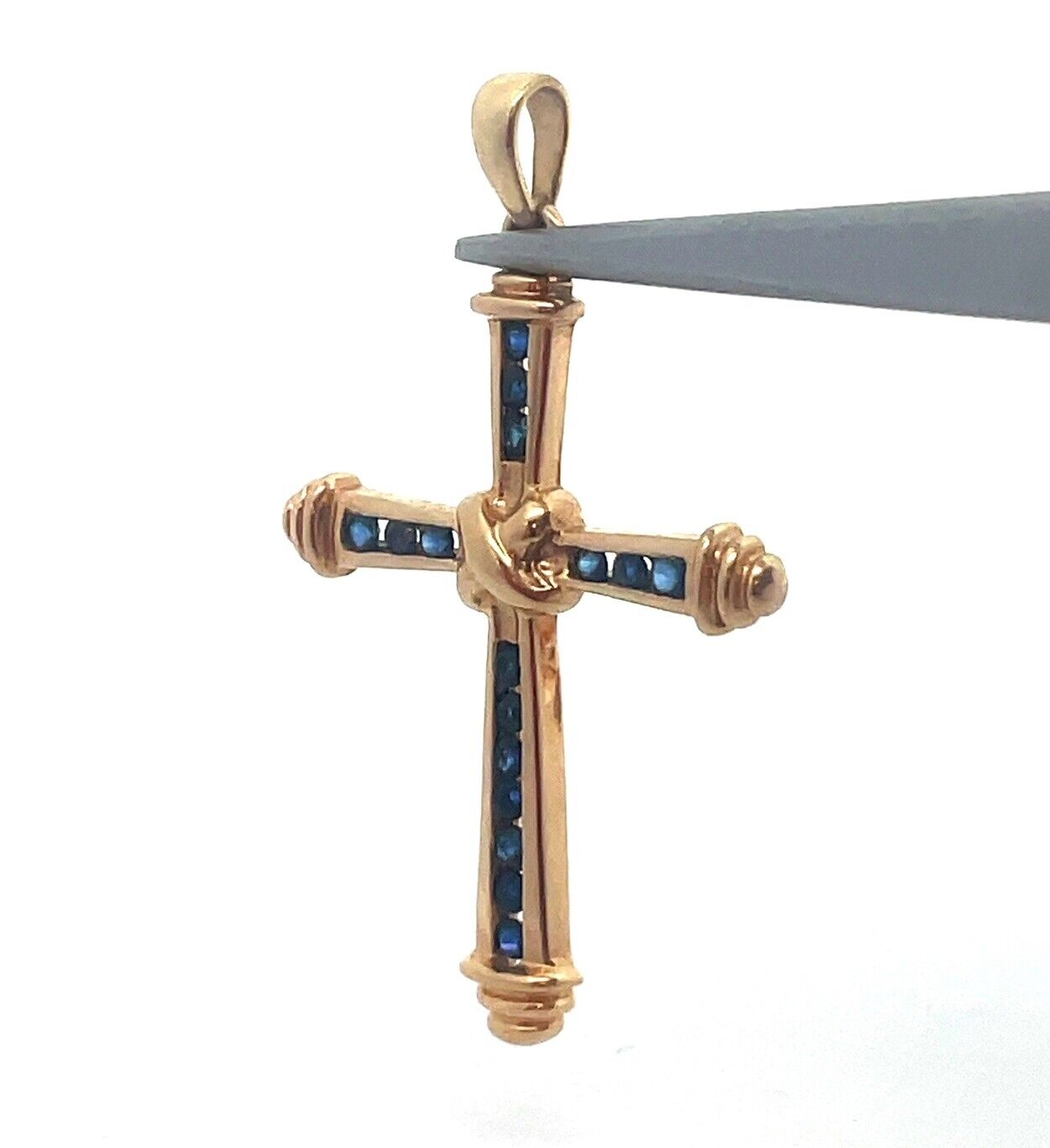 Designer 14K Yellow Gold Blue Sapphire Religious Easter Statement Cross Pendant