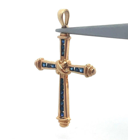 Designer 14K Yellow Gold Blue Sapphire Religious Easter Statement Cross Pendant