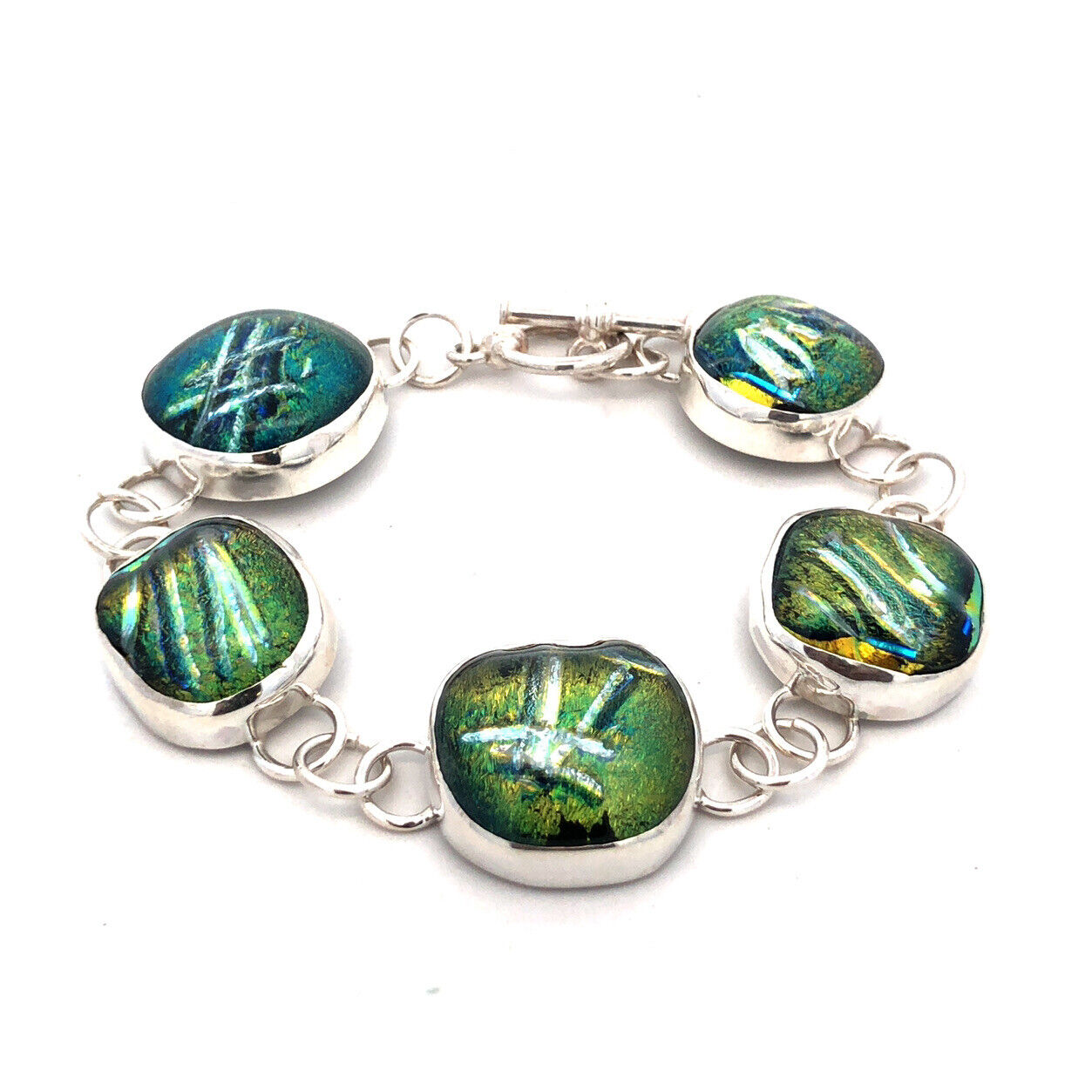 Artisan Sterling Silver Green Dichroic Glass Statement Toggle Bracelet