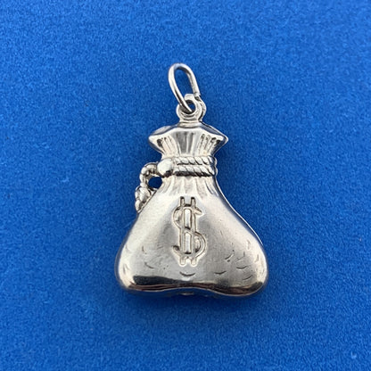 Designer AL Sterling Silver Double Money Bag $ Riches Good Luck Pendant Charm
