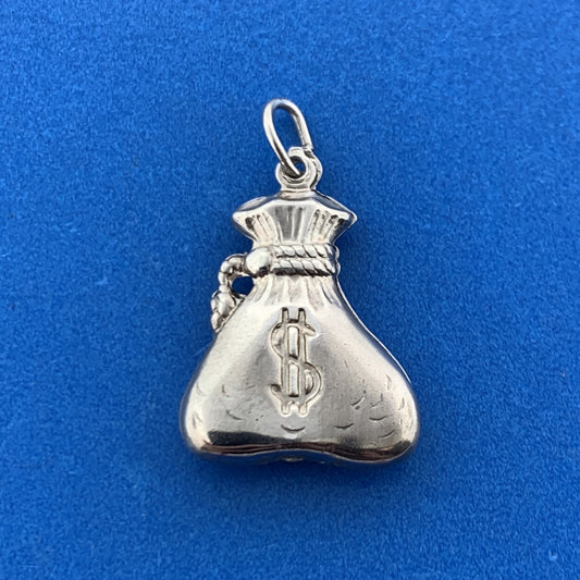 Designer AL Sterling Silver Double Money Bag $ Riches Good Luck Pendant Charm