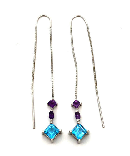 Designer 14K White Gold Blue Topaz and Amethyst Dangle Threader Earrings