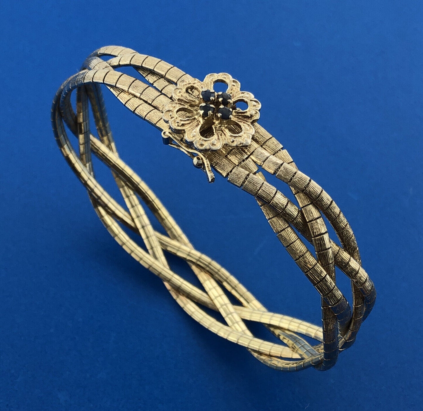 Sterling Silver 925 Vermeil Gold Tone Blue Sapphire Floral Clasp Woven Bracelet