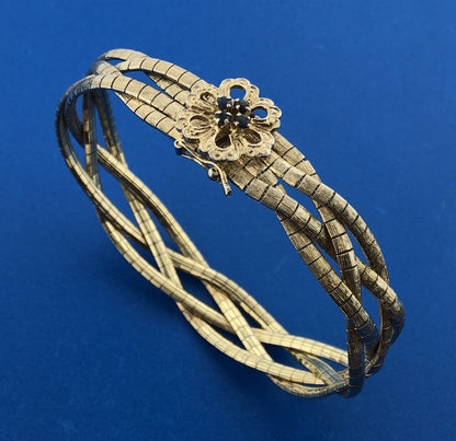 Sterling Silver 925 Vermeil Gold Tone Blue Sapphire Floral Clasp Woven Bracelet