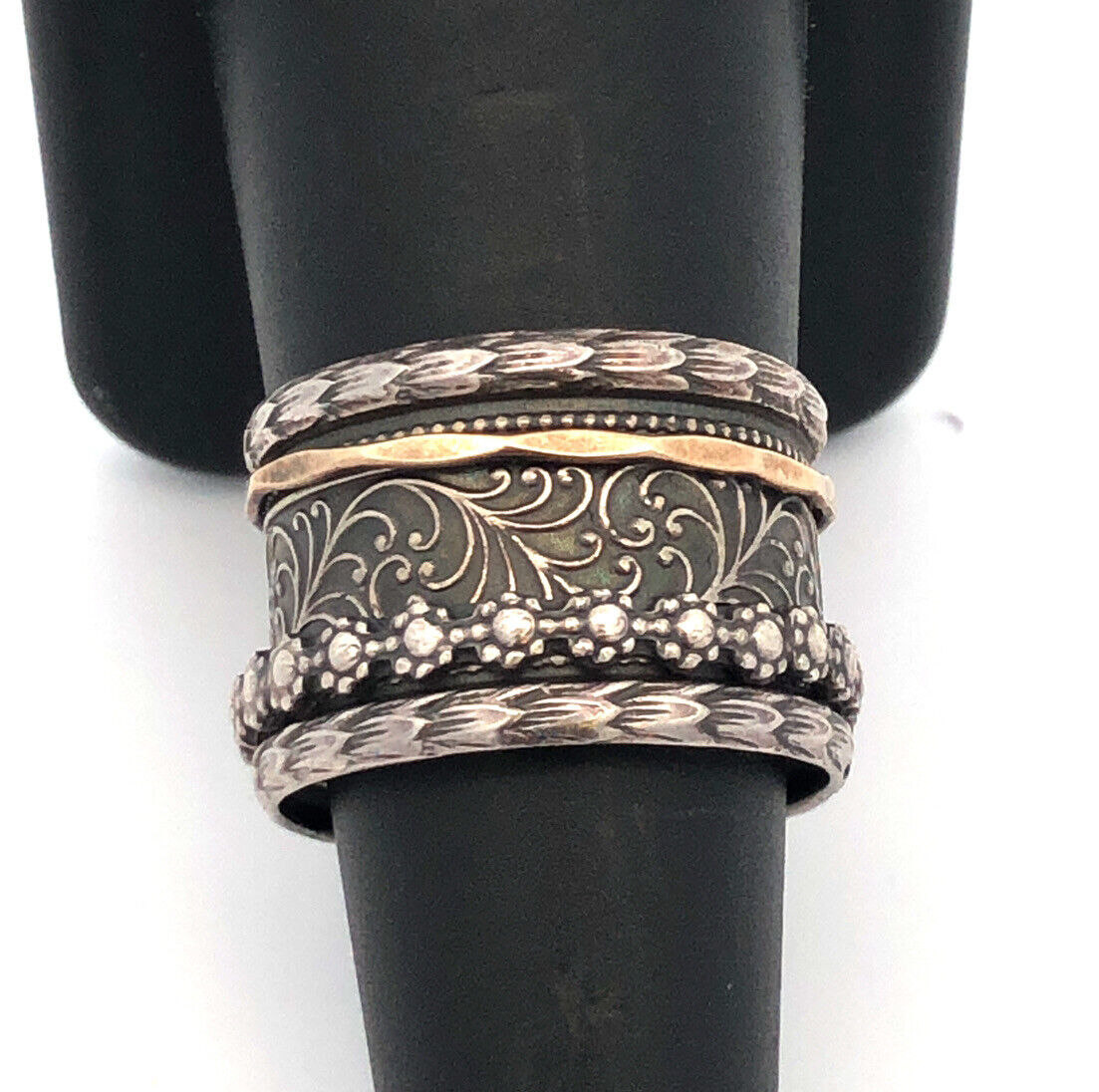 925 Sterling Silver 9K Yellow Gold Scroll Wide Cigar Band Ring