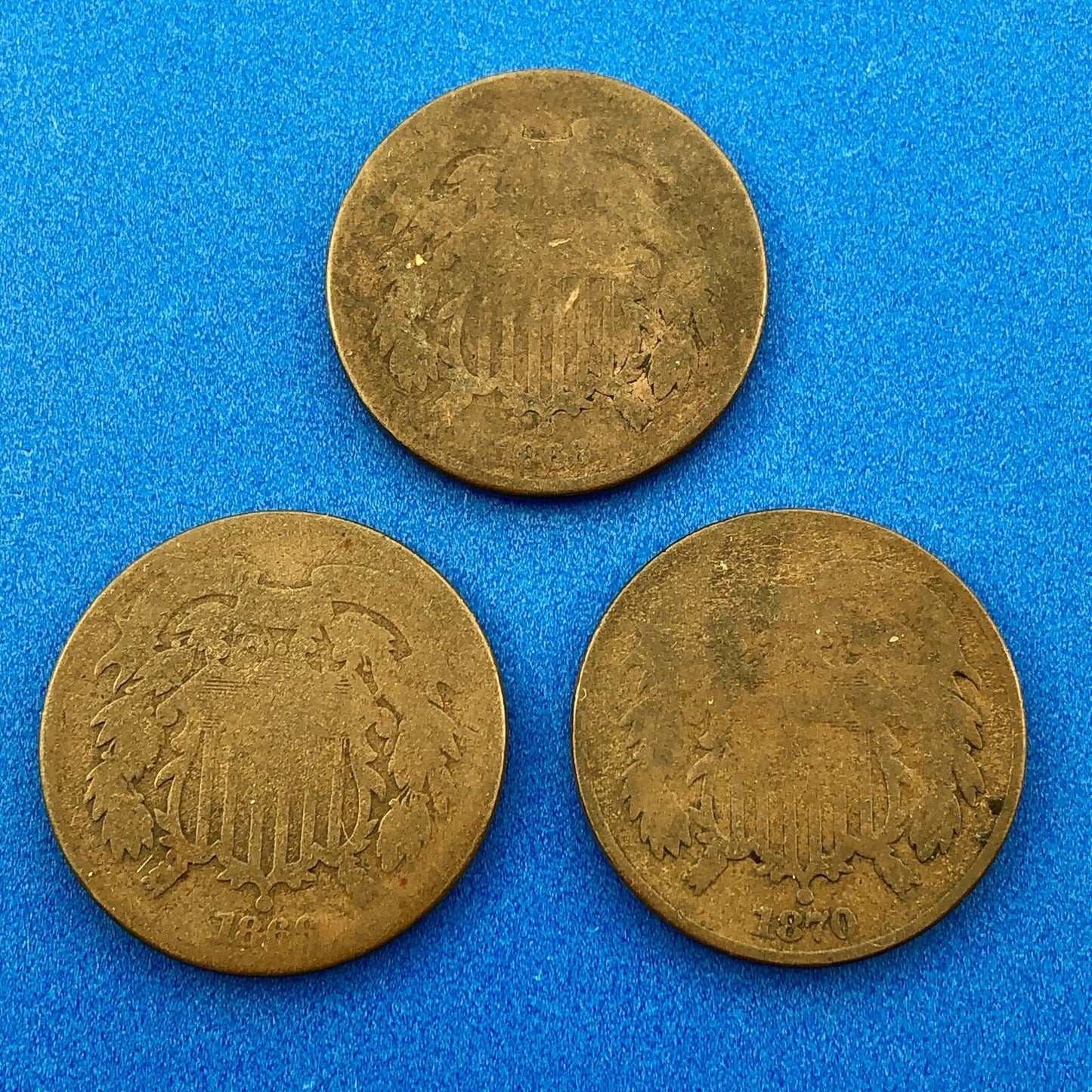 1866 P Bronze Two-Cent Piece Three Coin Mixed Date Union Shield Philadelphia Lot