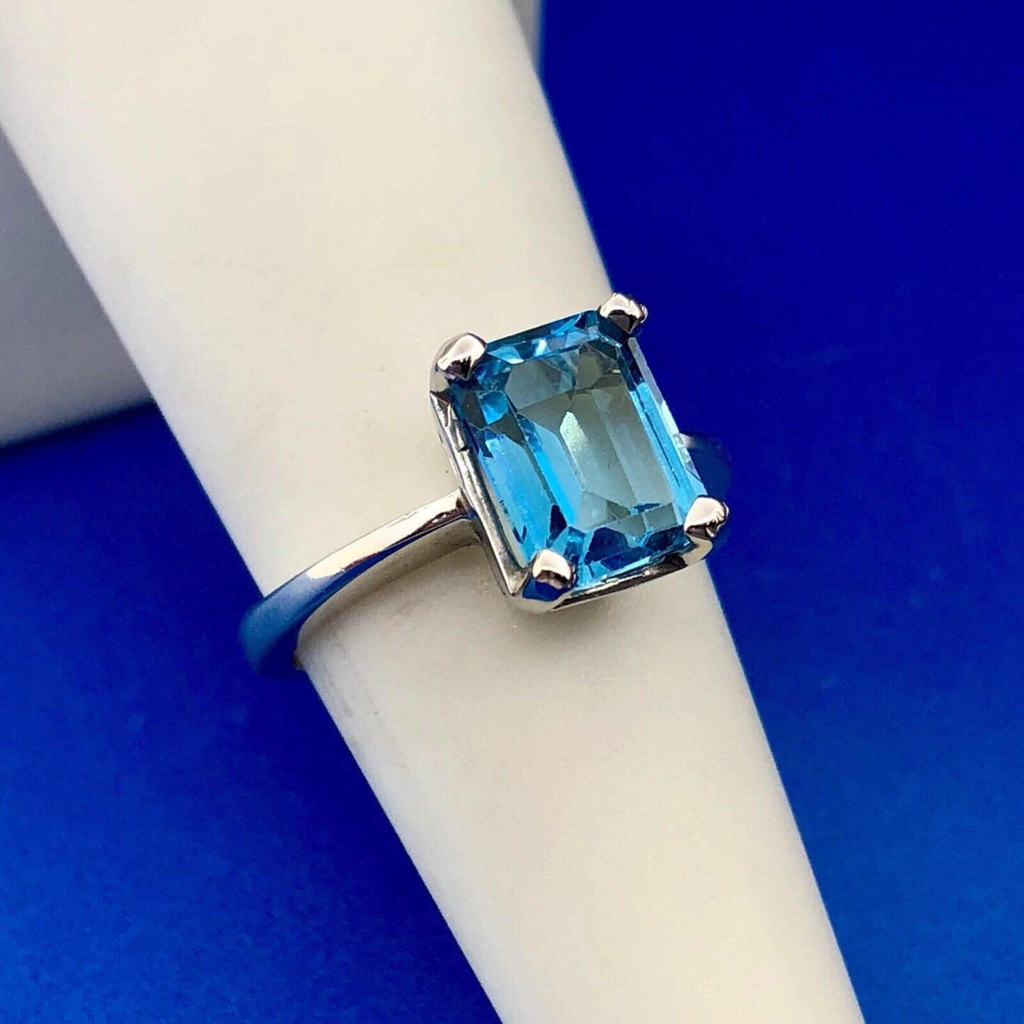 14K White Gold Emerald Cut Blue Topaz Solitaire Statement December Occasion Ring