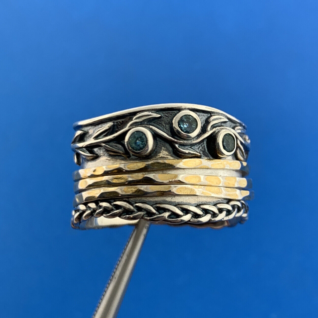 PAZ Creations PZ Sterling Silver Blue Topaz Two Toned 3 Spinner Wide Band Ring