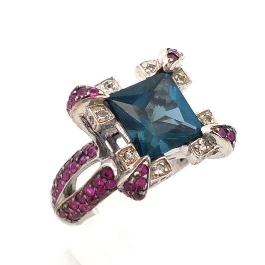 Sterling Silver London Blue Topaz Ruby Diamond Statement Cocktail Ring