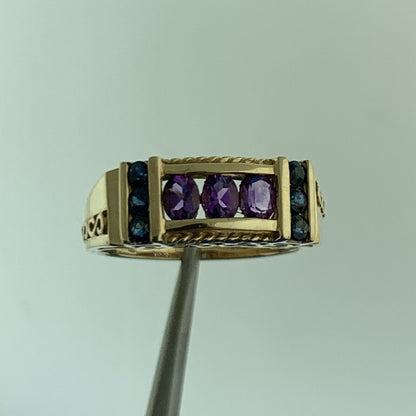 Designer THL 10K Yellow Gold Amethyst Sapphire Accented Bar Dome Ring