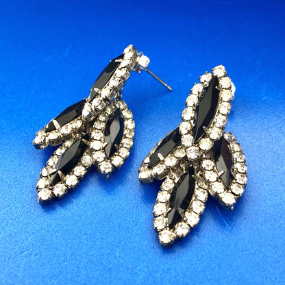 Art Deco Silver Tone Black Jet White Rhinestone Feather Leaf Dangle Earrings