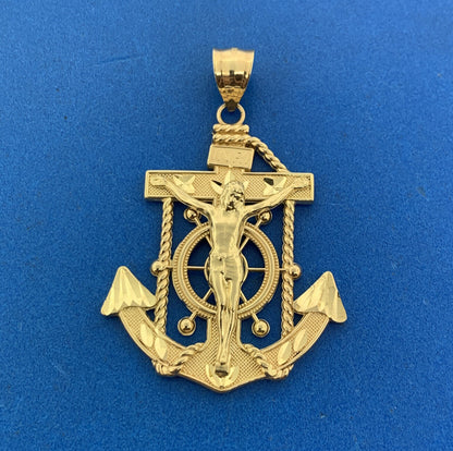 Designer 10K Yellow Gold Sailors Cross Anchor Navy Religious Statement Pendant