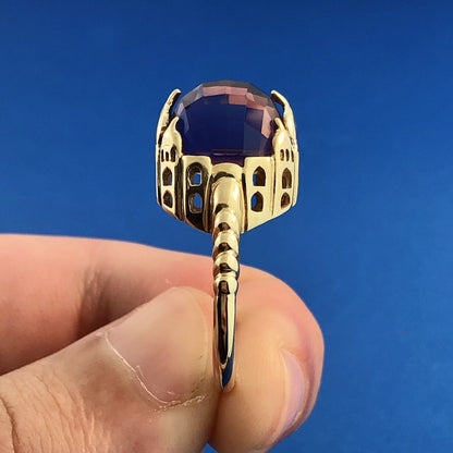 Retro 10K Yellow Gold Amethyst Spheroid Siam Temple Mounting Statement Ring