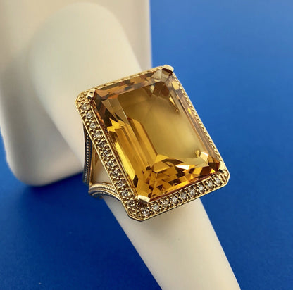 Dramatic 14K Yellow Gold Citrine Diamond Halo November Anniversary Dinner Ring