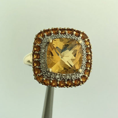 Designer 14K Yellow Gold Citrine Diamond Citrine Halo Statement Dome Ring Size 7
