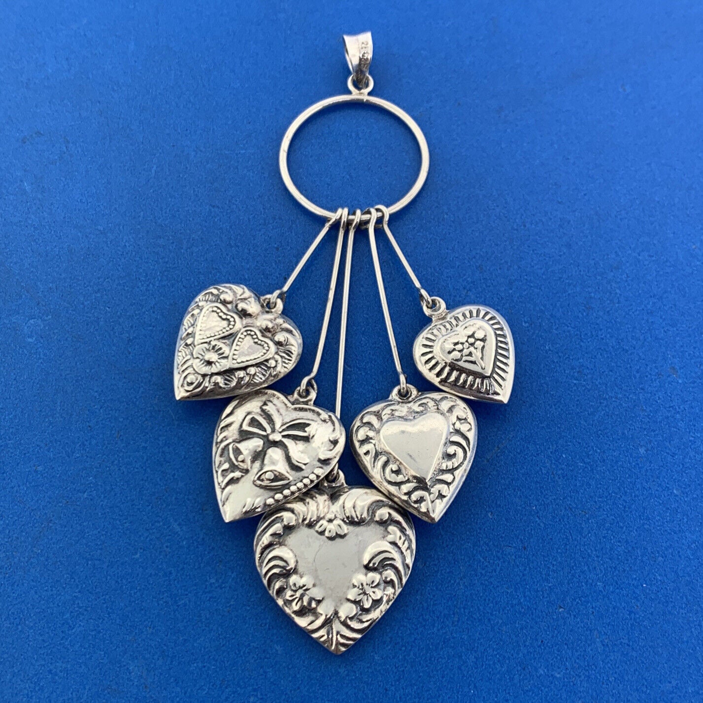 Designer 925 Sterling Silver Multiple Textured Heart Drop Dangle Pendant