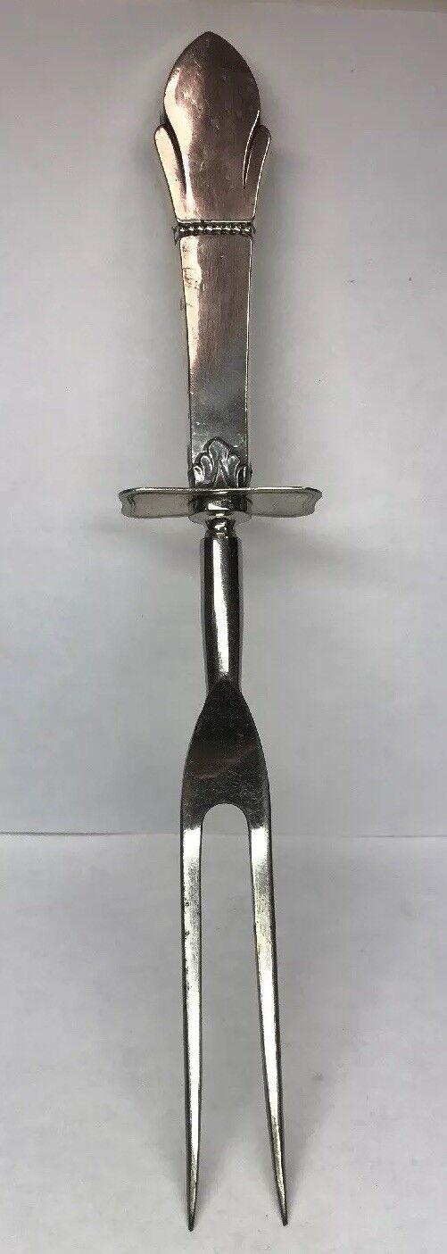 Sterling Silver 925 Fleur De Lis Beaded Design Handled Meat Fork
