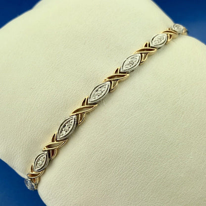 Traditional Designer 14K Yellow White Gold Diamond Two Toned X O Tennis Bracelet