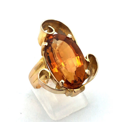 Vintage 14K Yellow Gold Oval Citrine Modernist Statement Cocktail Ring