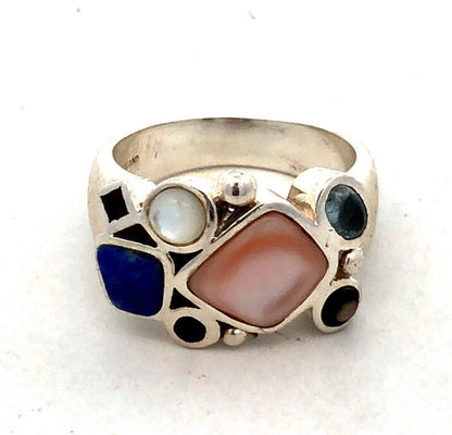 Designer LT 925 Sterling Silver Mother of Pearl Lapis Lazuli Cluster Band Ring