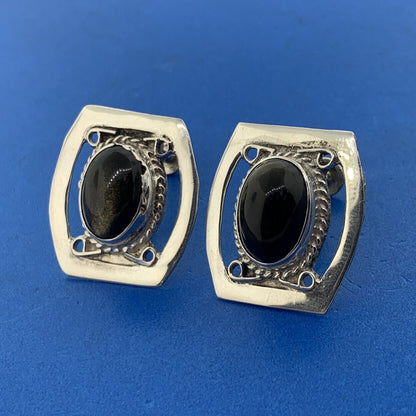 Vintage Taxco Signed Sterling Silver Gold Sheen Obsidian Screw Back Earrings