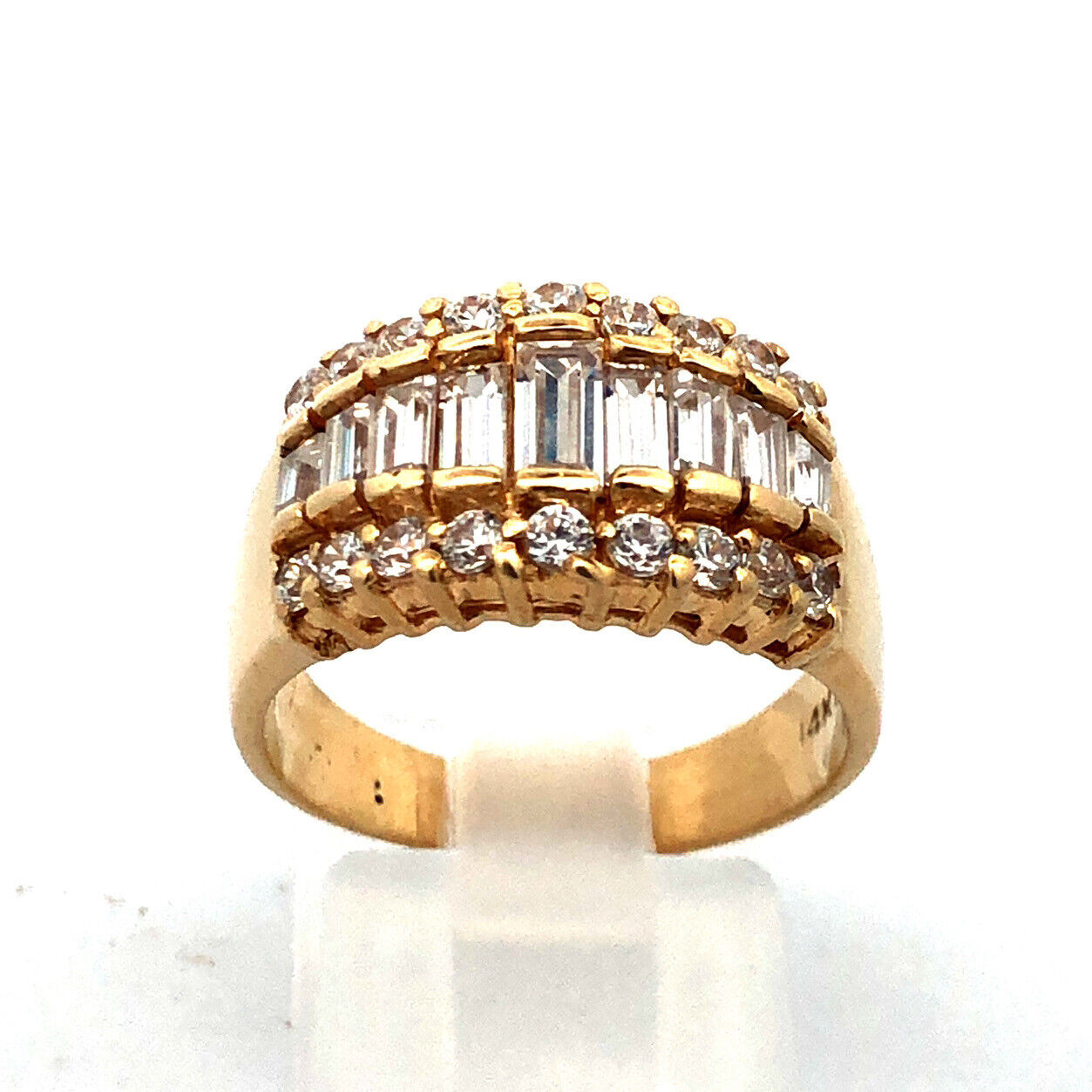 Designer 14K Yellow Gold Baguette Cubic Zirconia Statement Cigar Band Ring