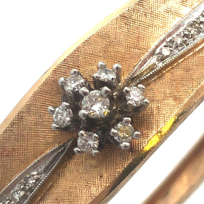 Vintage 14K Yellow Gold Round Diamond Flower Textured Hinged Bangle