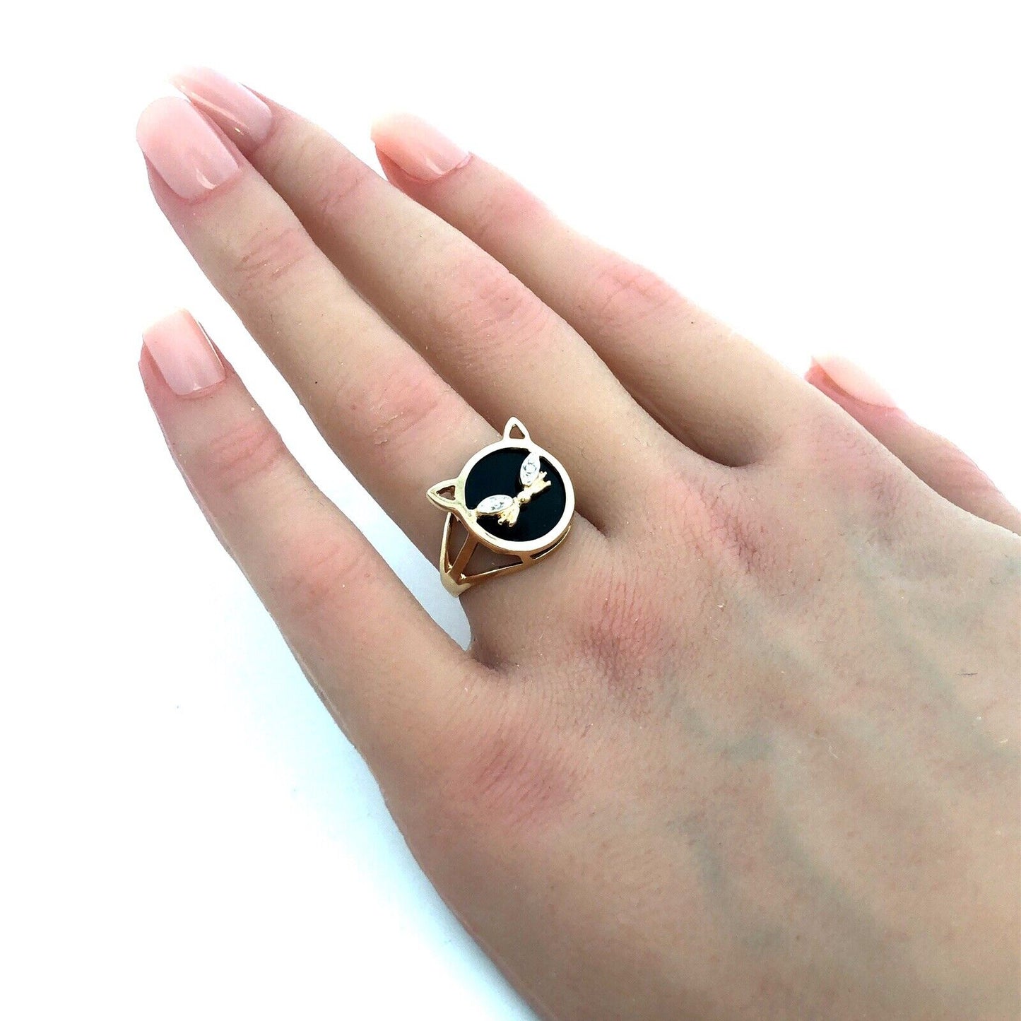 Designer 10K Yellow Gold Round Black Onyx White Topaz Cat Pet Ring