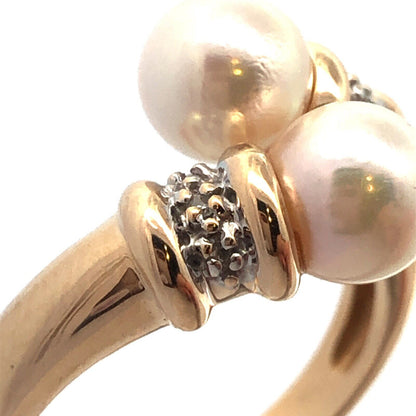 Designer AV 14K Yellow Gold Round Pearl Diamond Accent Statement Bypass Ring