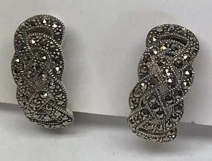 Art Deco 925 Sterling Silver Marcasite Open Work Basket Weave Clip Earrings