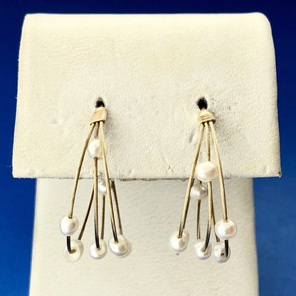 Estate JCM 14K Yellow Gold Pearl Station Three Wire Bridal Wedding Hoop Earrings