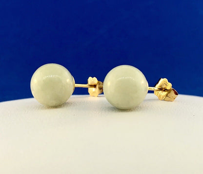 Designer 14K Yellow Gold Jade Jadeite Bead Ball Stud Earrings
