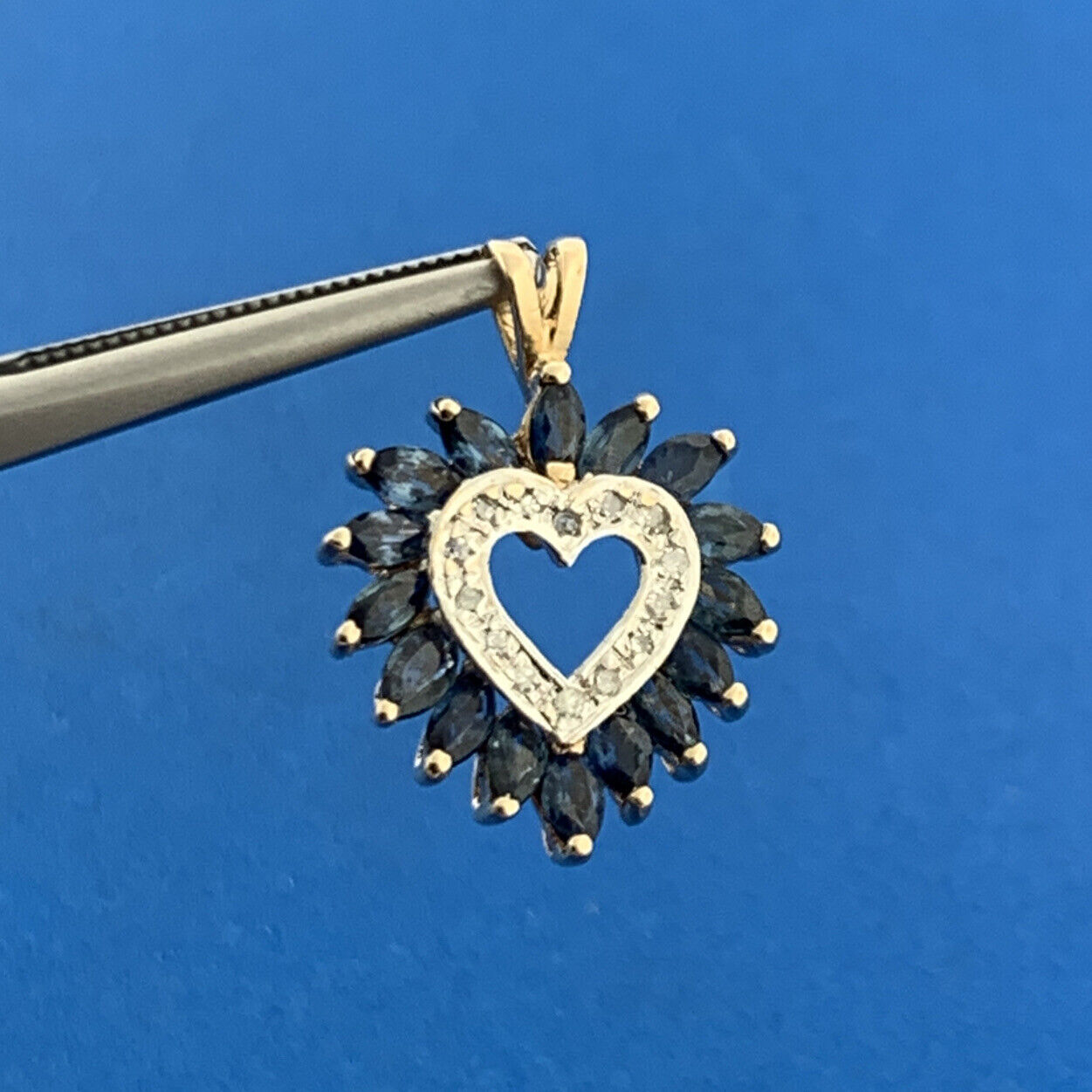 Designer 10k Yellow Gold Marquise Blue Sapphire Diamond Accent Heart Pendant