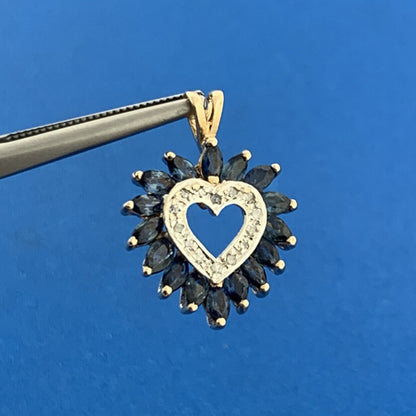 Designer 10k Yellow Gold Marquise Blue Sapphire Diamond Accent Heart Pendant