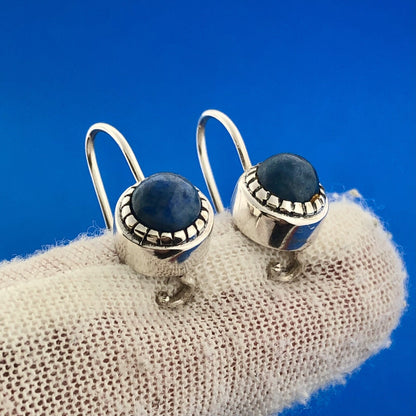Estate 925 Sterling Silver Lapis Lazuli Cabochon Ball Drop Dangle Earrings