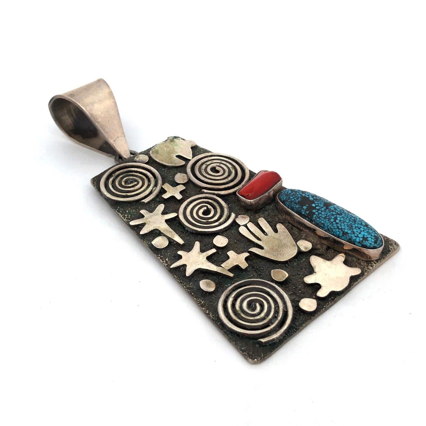 Alex Sanchez Navajo Sterling Silver Turquoise Coral Petroglyph Enhancer Pendant